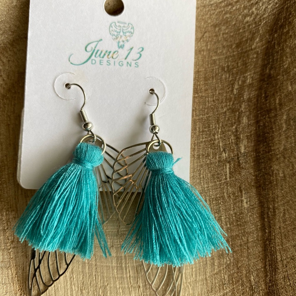 June 13 Designs Teal Angel Wing Tassel Earrings